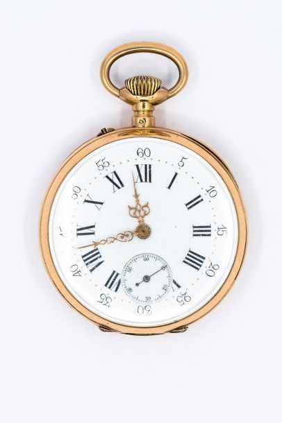 Pocket watch in 750° yellow gold, white dial,...