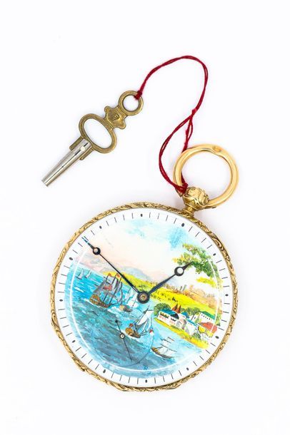 Pocket watch in 750° yellow gold, repainted...