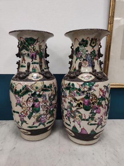 PAIR OF BALUMINIUM VASES in polychrome porcelain...
