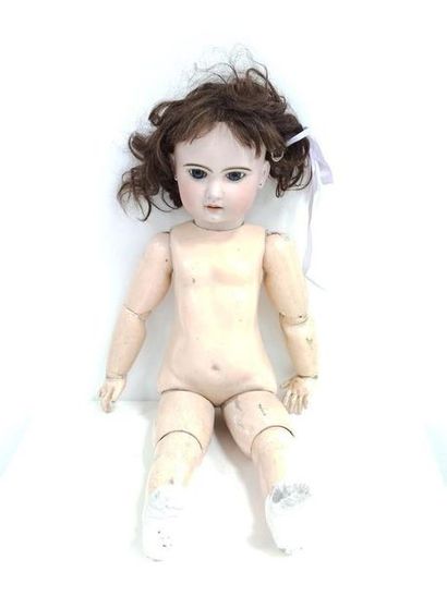 DOLL, porcelain head, fixed blue sulphide...