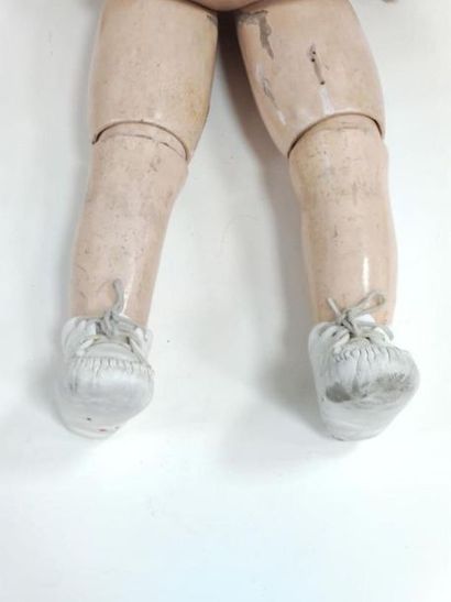 DOLL, porcelain head, fixed blue sulphide...