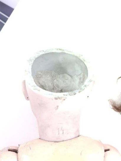 DOLL, porcelain head, fixed blue sulphide...