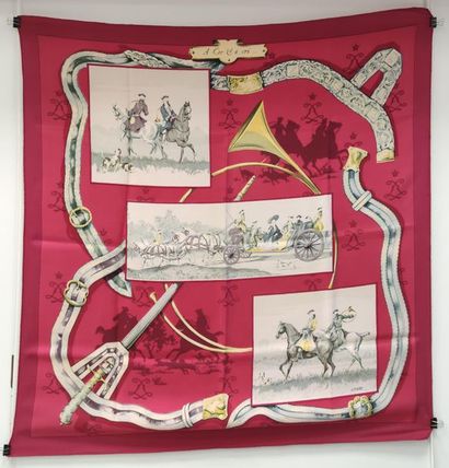 HERMES
Square in silk twill on a red background...
