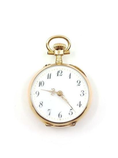 750° yellow gold neckwatch, white enamelled...