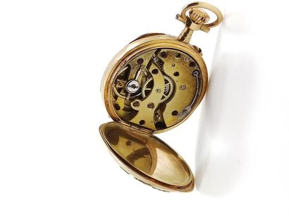 750° yellow gold neckwatch, white enamelled...