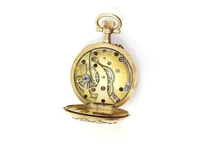 750° yellow gold neckwatch, white enamelled...