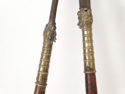 PAIR OF INLAID BRONZE WOOD AND STEEL SPEARS,...