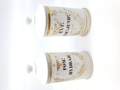 DEUX POTS à pharmacie en porcelaine blanche...