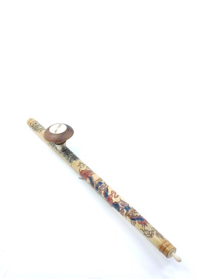 OLD bone opium pipe, silver plate with flower...