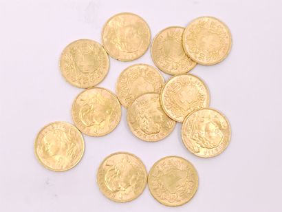 
LOT de douze pièces en or 20 francs suisse...