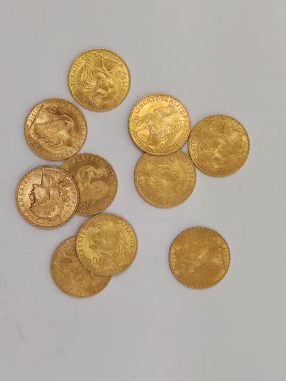 
LOT DE 10 pièces de 20 francs or au coq...