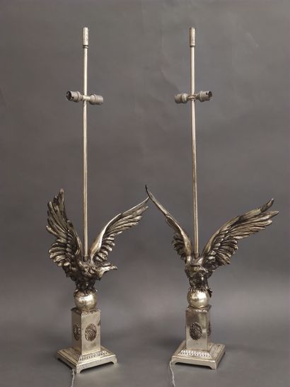 Pair of antique gilded metal lamp bases representing...
