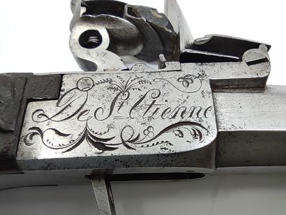 Flintlock box pistol by Dumarest. 

Barrel...