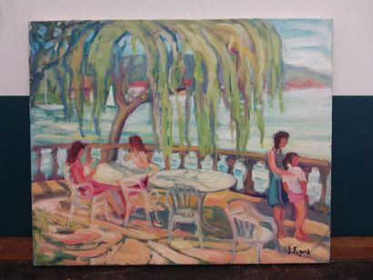 FAGARD 

Animated scene on the terrace 

Oil...