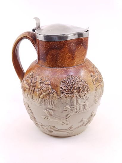 Enameled stoneware PICHET with hunting and...