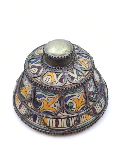 North Africa covered pot in polychrome stoneware...
