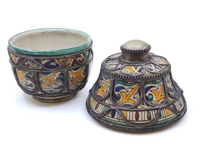 North Africa covered pot in polychrome stoneware...
