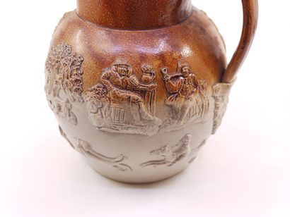 Enameled stoneware PICHET with hunting and...