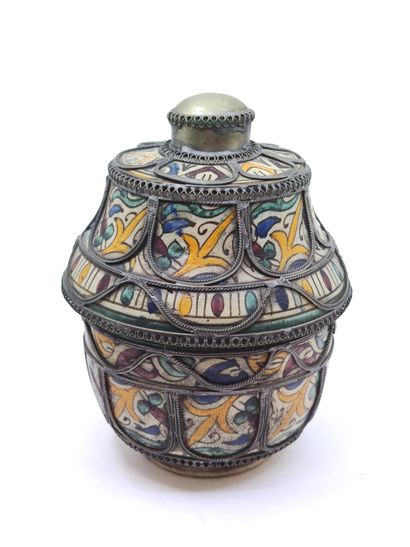 North Africa covered pot in polychrome stoneware...