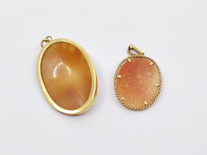 TWO shell cameo pendants with female profiles...