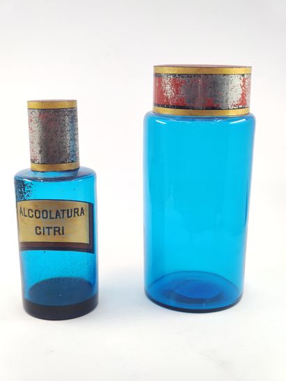 SET of two medicine jars in blue tinted glass,...