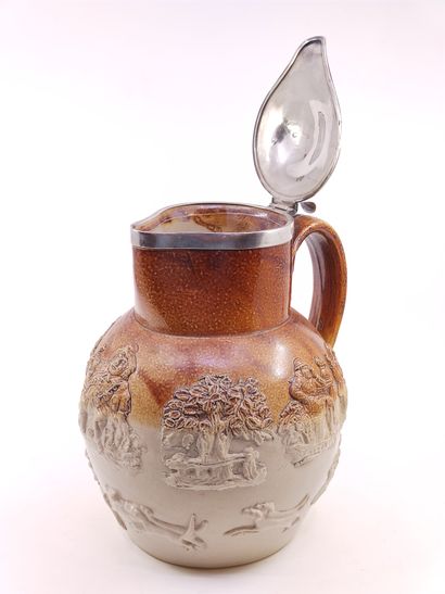 Enameled stoneware PICHET with hunting and...