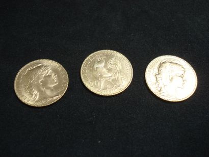 3 Pièces Or 900°/oo 19,35 g 20 francs au...