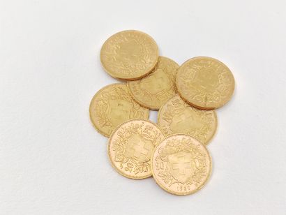 LOT de sept pièces de 20 francs suisse or...