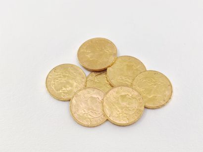 LOT de sept pièces de 20 francs suisse or...