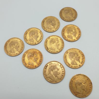 Lot de dix pièces de 10 francs or Napoléon...