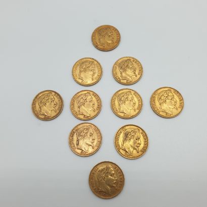 Lot de dix pièces de 20 francs or Napoléon...