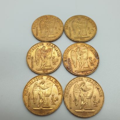 Lot de six pièces de 20 francs or au génie,...