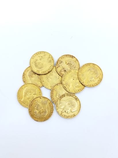 Lot de dix pièces de 20 francs or Napoléon...