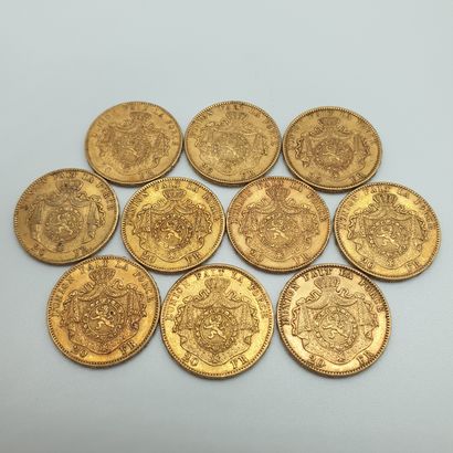 Lot de dix pièces de 20 francs or Léopold...