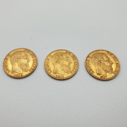 Lot de trois pièces de 20 francs or Léopold...