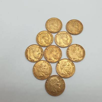 Lot de dix pièces de 20 francs or Léopold...