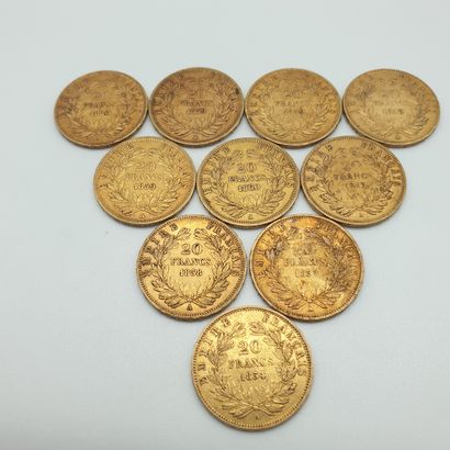 Lot de dix pièces de 20 francs or Napoléon...