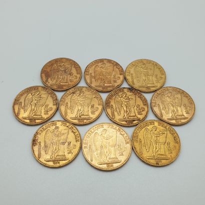 Lot de dix pièces de vingt francs or au génie...