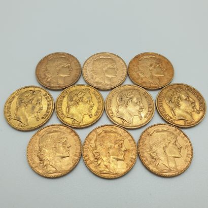 Lot de dix pièces d'or, dont six pièces de...