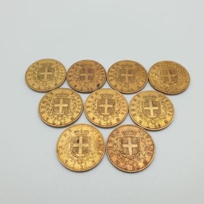 Lot de neuf pièces de 20 lires or Vittorio...