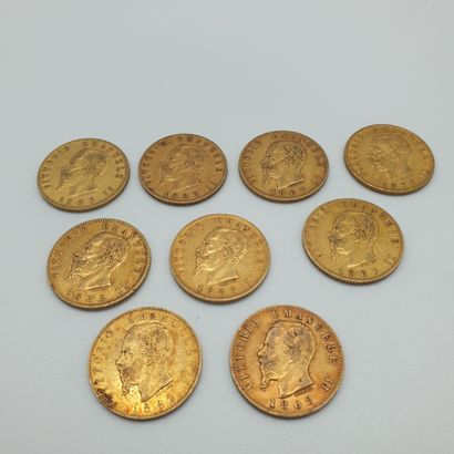 Lot de neuf pièces de 20 lires or Vittorio...