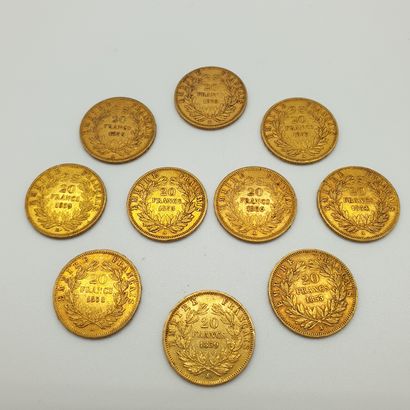 Lot de dix pièces de 20 francs or Napoléon...