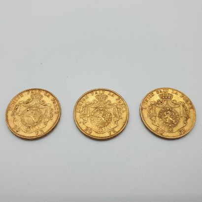 Lot de trois pièces de 20 francs or Léopold...