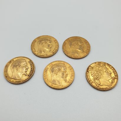 Lot de quatre de 20 francs or Napoléon III...