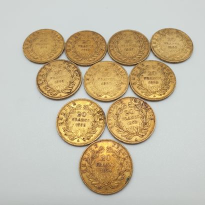 Lot de dix pièces de 20 francs or Napoléon...