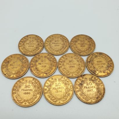 Lot de dix pièces de 20 francs or Napoléon...