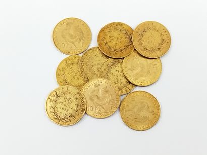 Lot de dix pièces de 10 francs or, dont quatre...