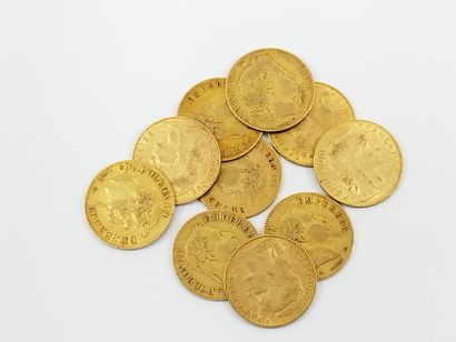 Lot de dix pièces de 10 francs or, dont quatre...