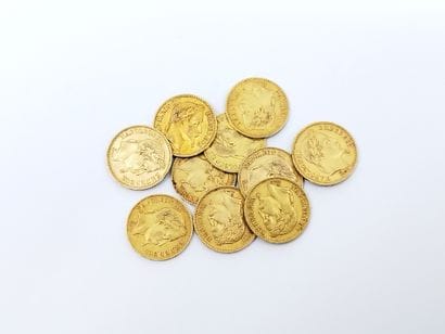 Lot de dix pièces de 20 francs or Napoléon...