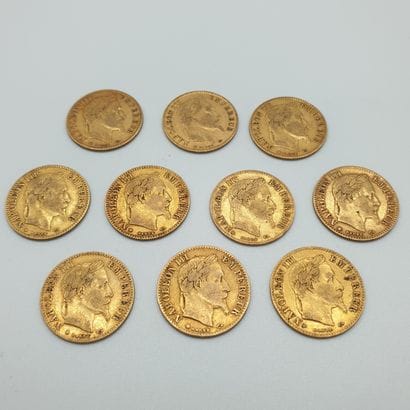 Lot de dix pièces de 10 francs or Napoléon...